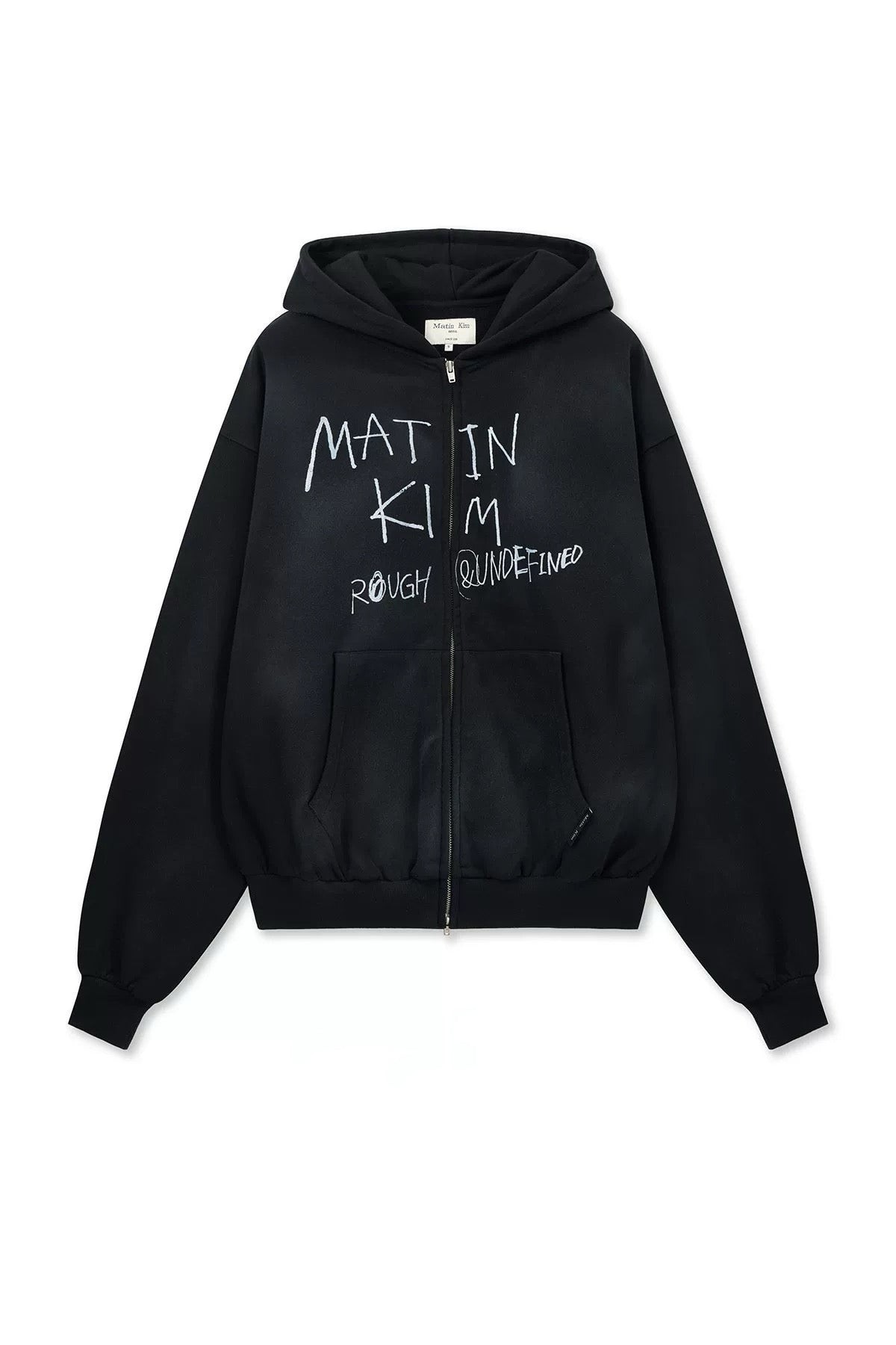 MATIN KIM Vintage Washed Graffiti Hoody Zip Up in Black