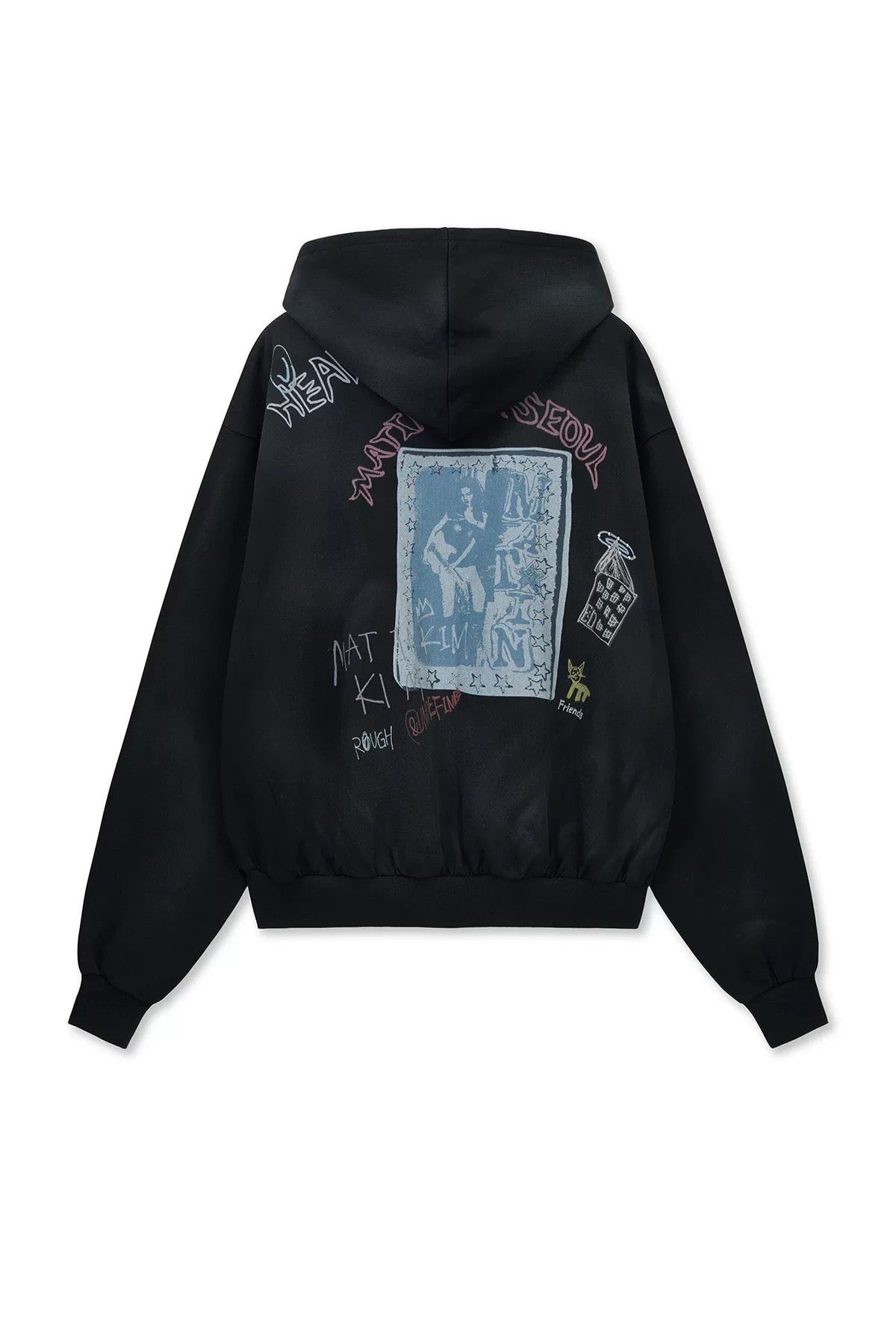 MATIN KIM Vintage Washed Graffiti Hoody Zip Up in Black