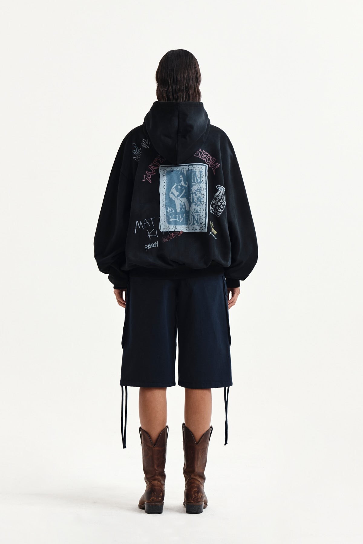 MATIN KIM Vintage Washed Graffiti Hoody Zip Up in Black