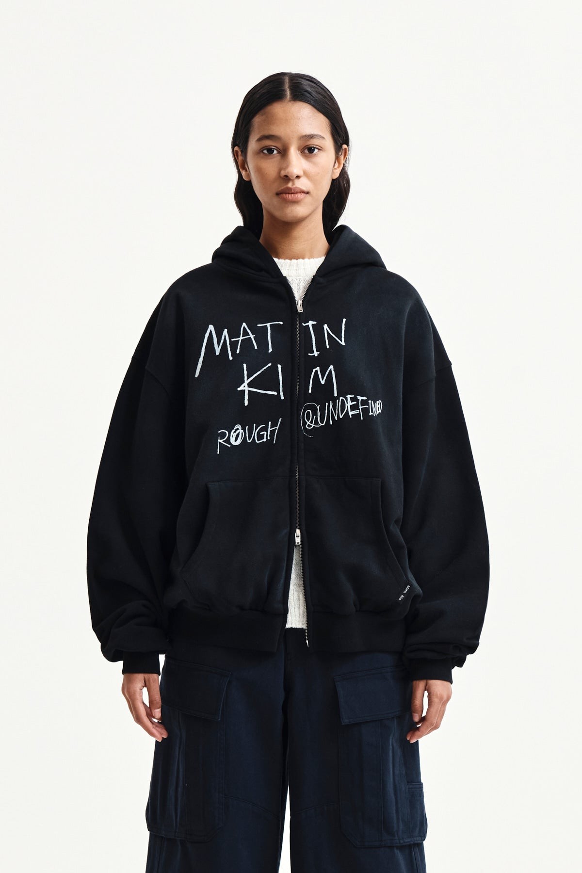 MATIN KIM Vintage Washed Graffiti Hoody Zip Up in Black