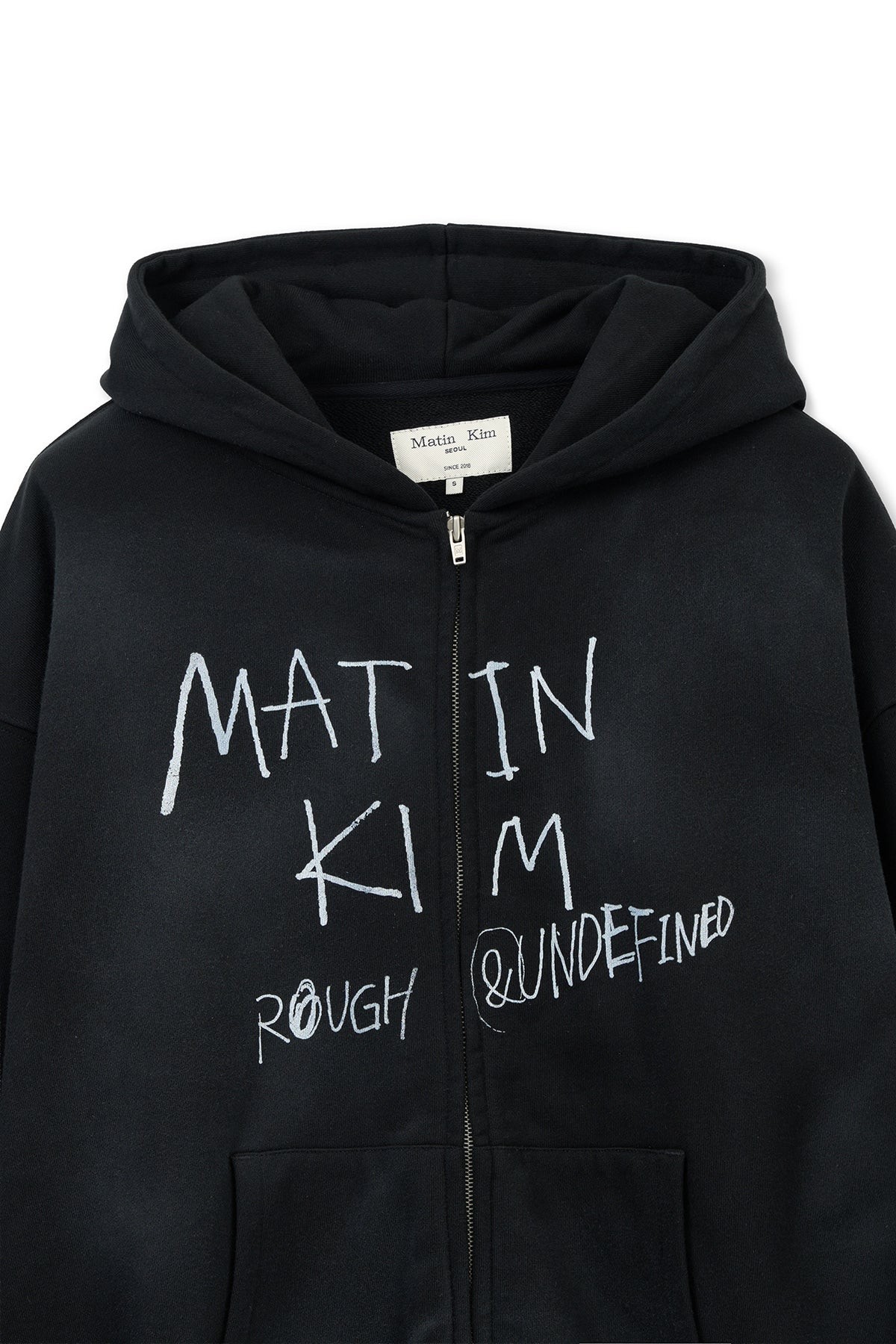 MATIN KIM Vintage Washed Graffiti Hoody Zip Up in Black