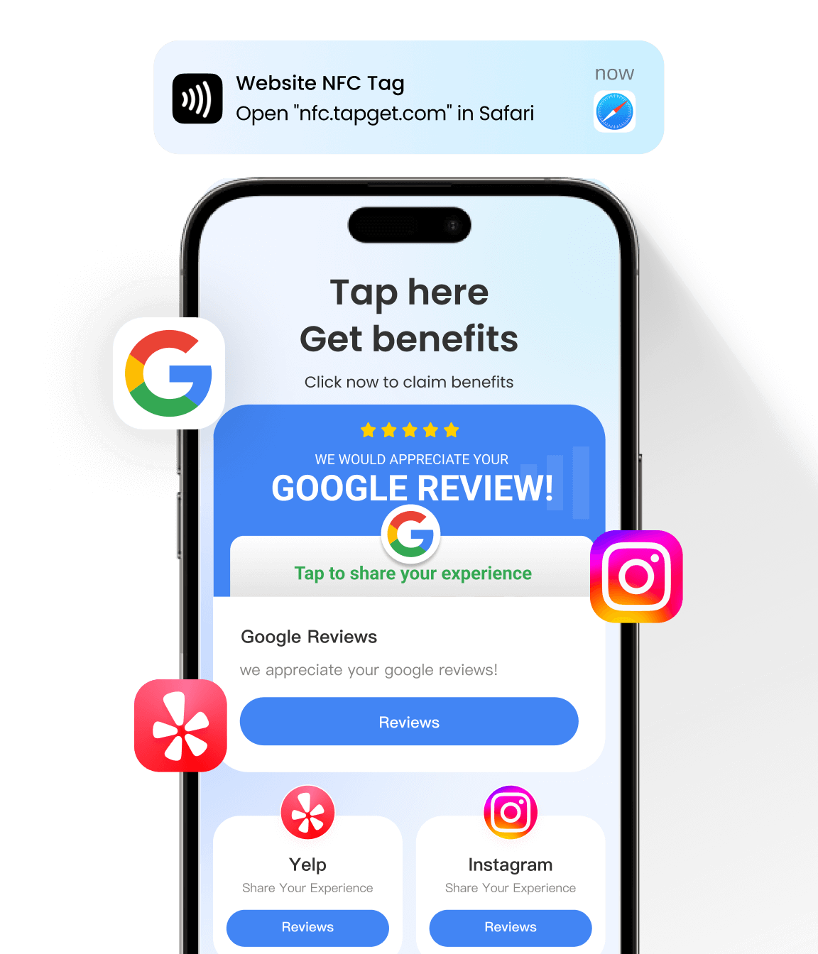 Instantly opens Google, Yelp, Instagram and more